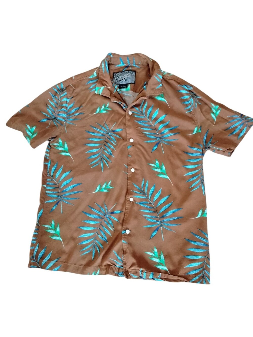 Brookly Cloth Tropical Leaf Short-Sleeve Shirt - Brown/Teal Mens Large